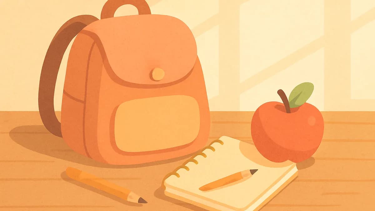 A cheerful backpack, notebook, and pencils laid out on a table, ready for the new school year