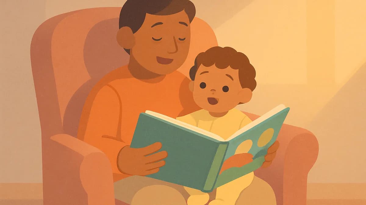 A parent reading a picture book aloud with a toddler on their lap