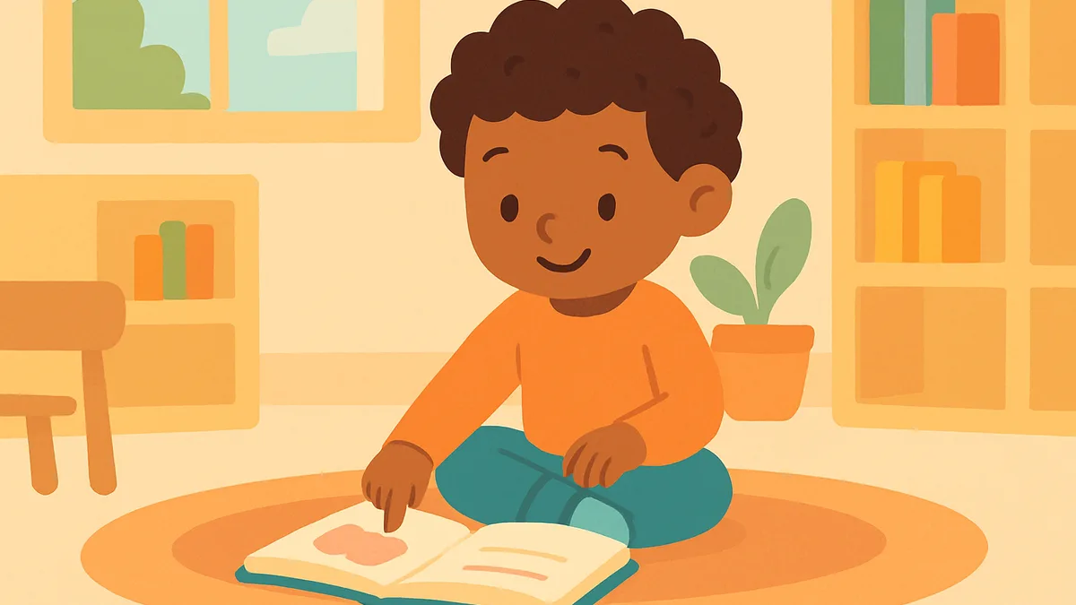 A 5-year-old child confidently pointing at words in a picture book