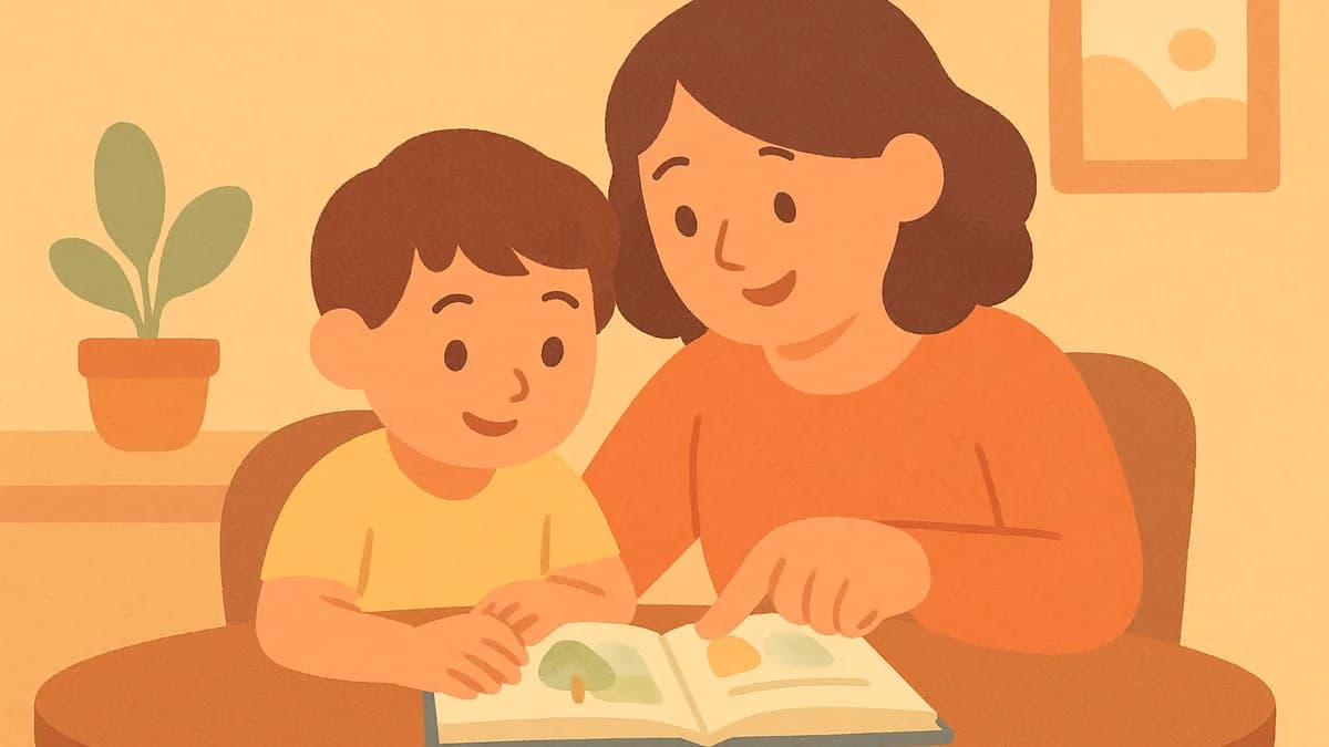 A parent and 6-year-old child working together on a small reading activity at a table