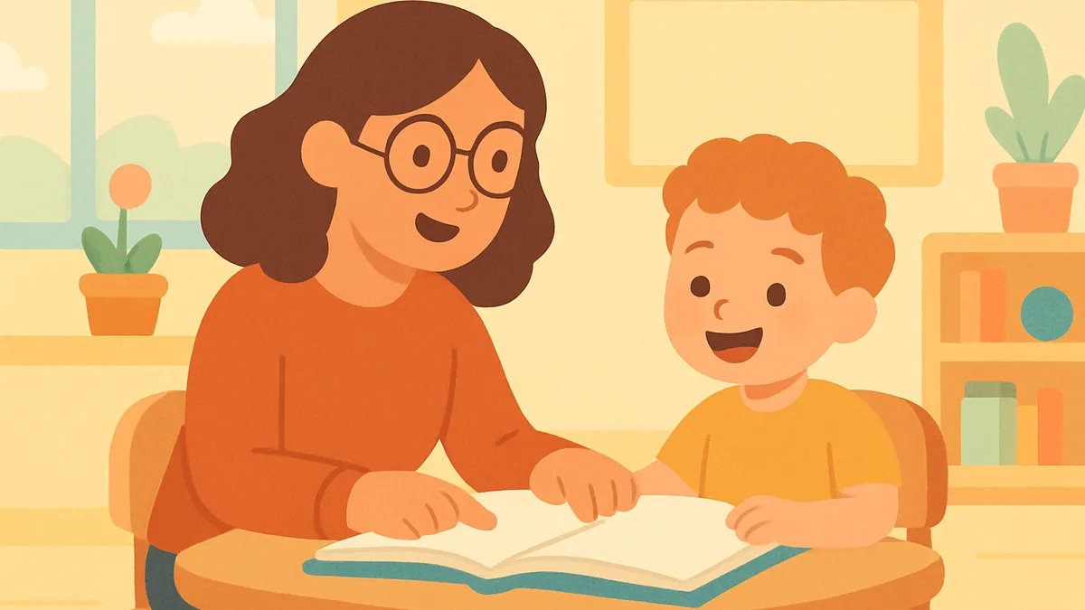A teacher and a young child reading together one-on-one at a small classroom table