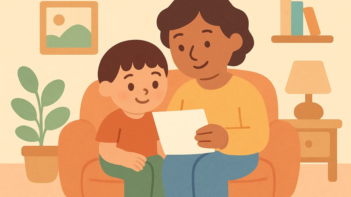 A parent and child looking together at a school report with a warm, reassuring expression