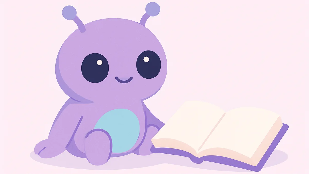 A cute friendly cartoon alien character next to a book, representing invented practice words